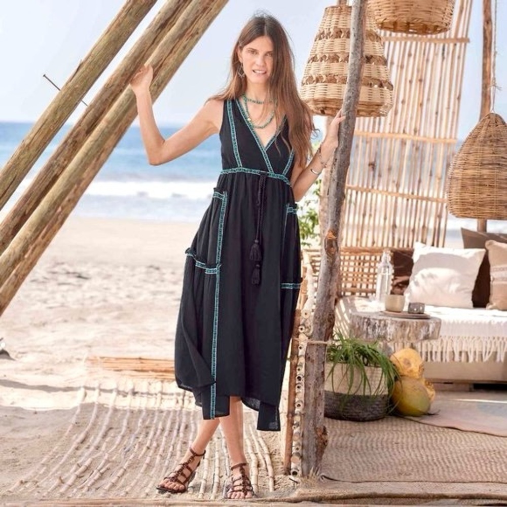 RARE Sundance NWOT Black Embroidered Boho Maxi Dress XS